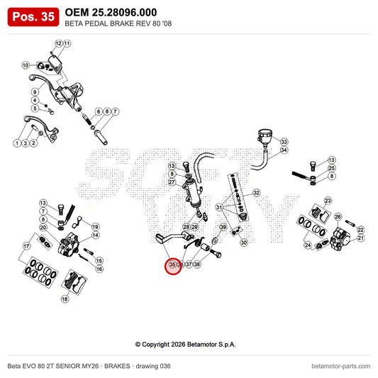 BETA PEDAL BRAKE REV 80 '08 – OEM 25.28096.000, position 35 on the Beta EVO 80 2T SENIOR MY26 brakes drawing