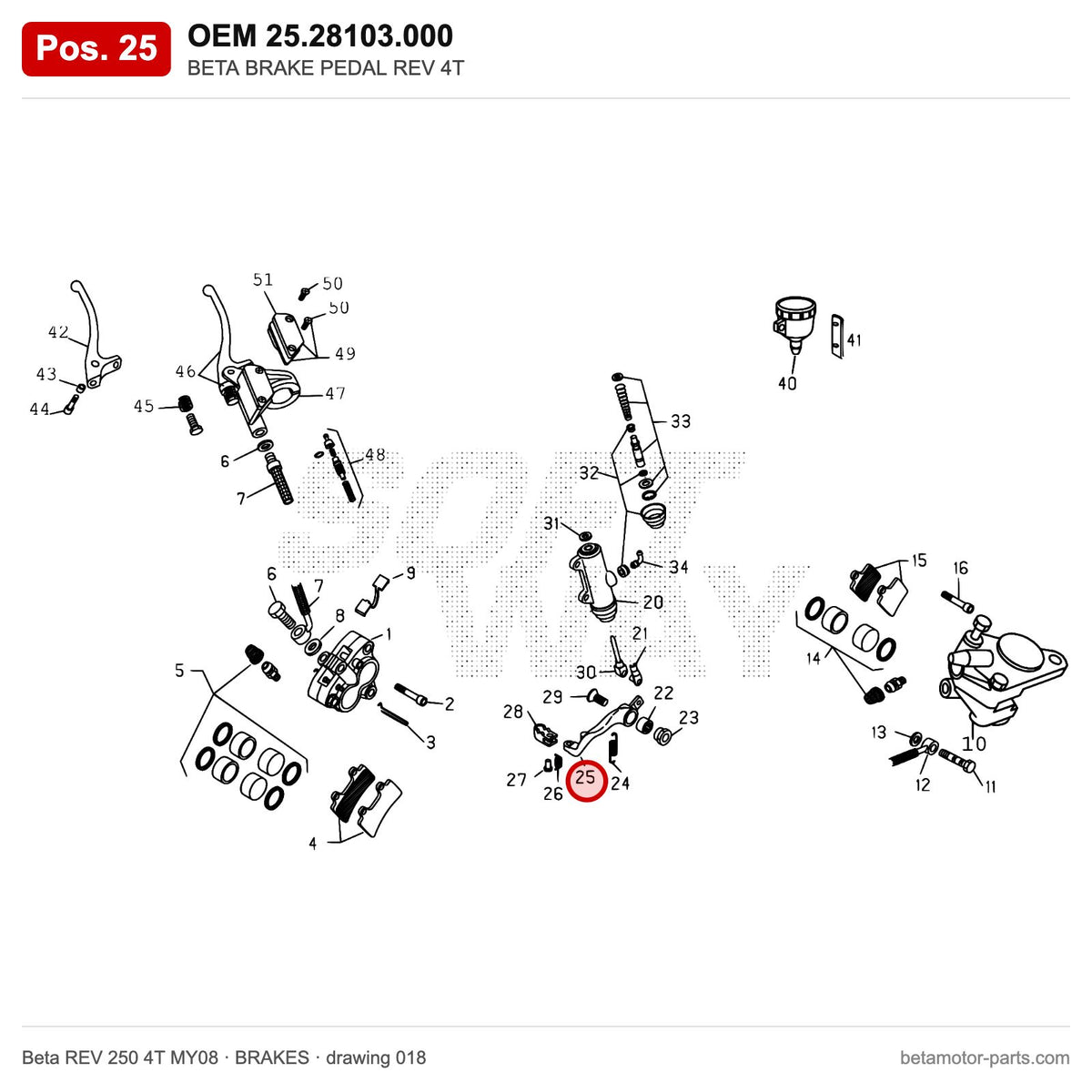BETA BRAKE PEDAL REV 4T – OEM 25.28103.000, position 25 on the Beta REV 250 4T MY08 brakes drawing