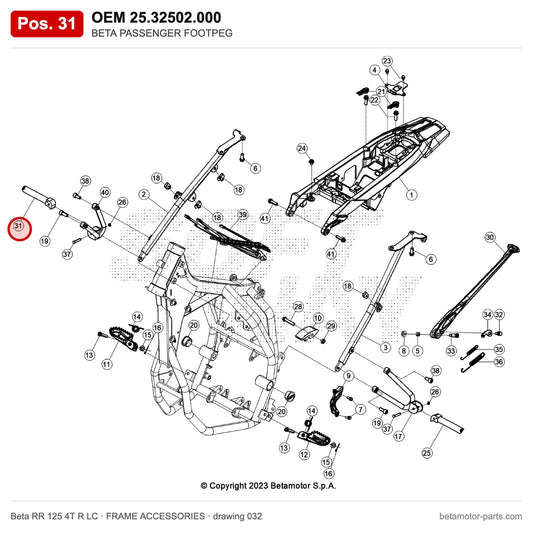 BETA PASSENGER FOOTPEG – OEM 25.32502.000, position 31 on the Beta RR 125 4T R LC frame accessories drawing