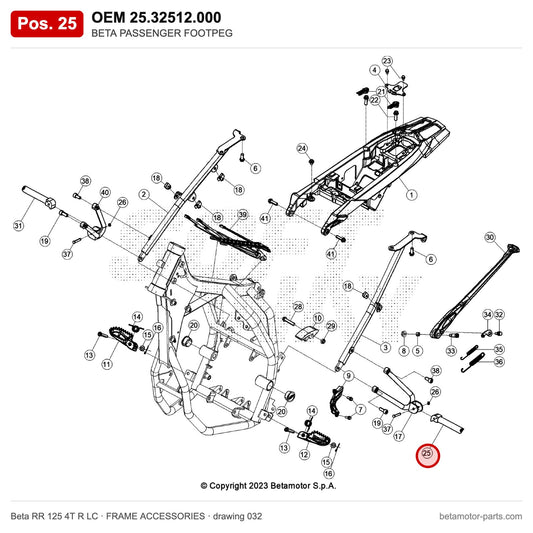 BETA PASSENGER FOOTPEG – OEM 25.32512.000, position 25 on the Beta RR 125 4T R LC frame accessories drawing