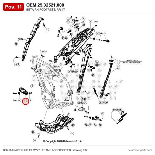 BETA RH FOOTREST, RR 4T – OEM 25.32521.000, position 11 on the Beta X-TRAINER 200 2T MY27 frame accessories drawing