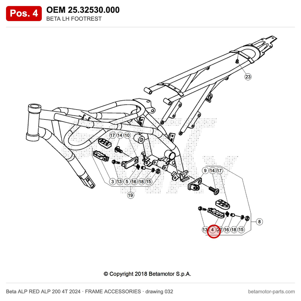 BETA LH FOOTREST – OEM 25.32530.000, position 4 on the Beta ALP RED ALP 200 4T 2024 frame accessories drawing