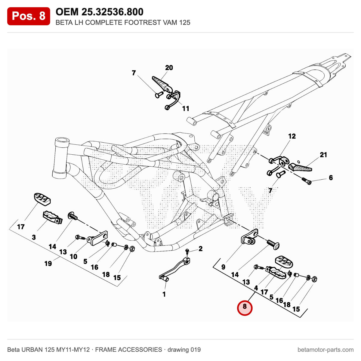 BETA LH COMPLETE FOOTREST VAM 125 – OEM 25.32536.800, position 8 on the Beta URBAN 125 MY11-MY12 frame accessories drawing