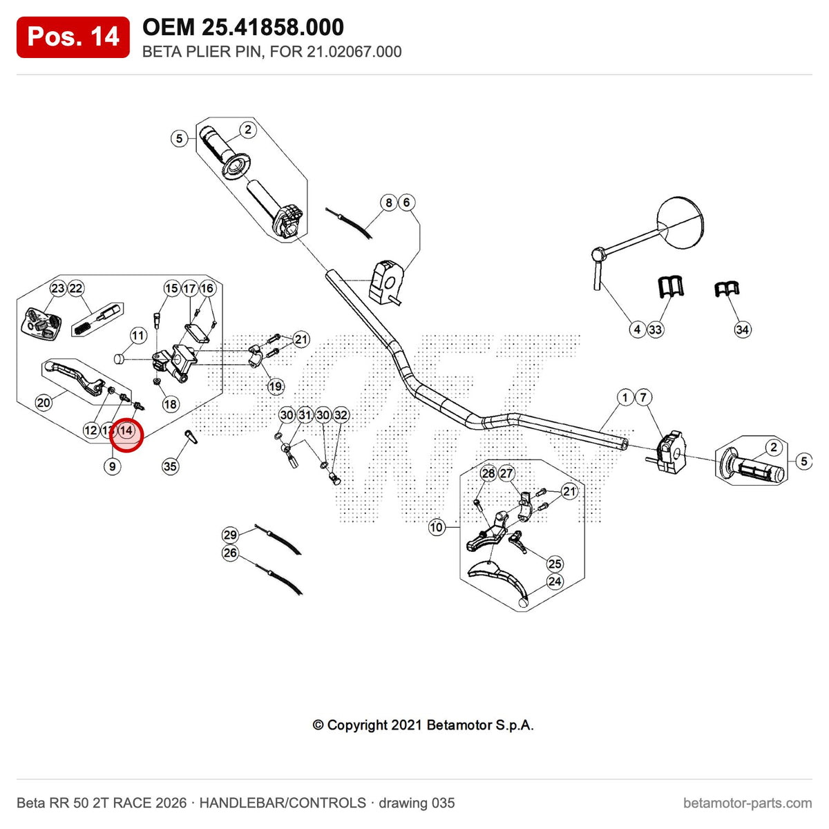 BETA PLIER PIN, FOR 21.02067.000 – OEM 25.41858.000, position 14 on the Beta RR 50 2T RACE 2026 handlebar/controls drawing