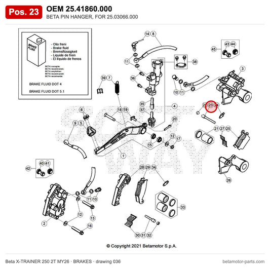 BETA PIN HANGER, FOR 25.03066.000 – OEM 25.41860.000, position 23 on the Beta X-TRAINER 250 2T MY26 brakes drawing