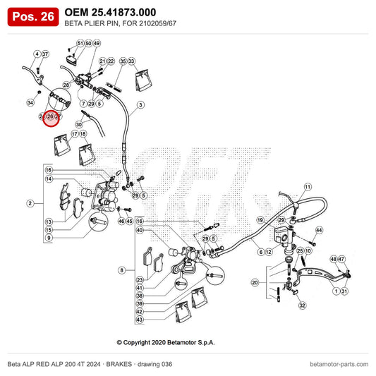 BETA PLIER PIN, FOR 2102059/67 – OEM 25.41873.000, position 26 on the Beta ALP RED ALP 200 4T 2024 brakes drawing