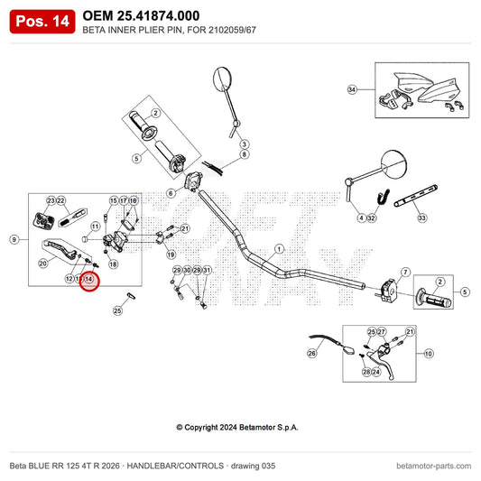 BETA INNER PLIER PIN, FOR 2102059/67 – OEM 25.41874.000, position 14 on the Beta BLUE RR 125 4T R 2026 handlebar/controls drawing