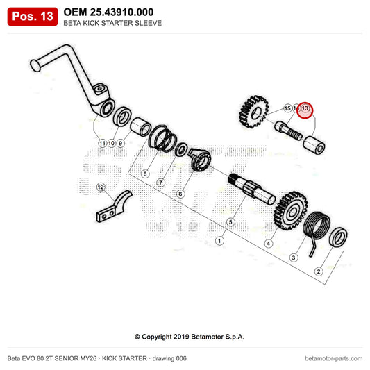 BETA KICK STARTER SLEEVE – OEM 25.43910.000, position 13 on the Beta EVO 80 2T SENIOR MY26 kick starter drawing