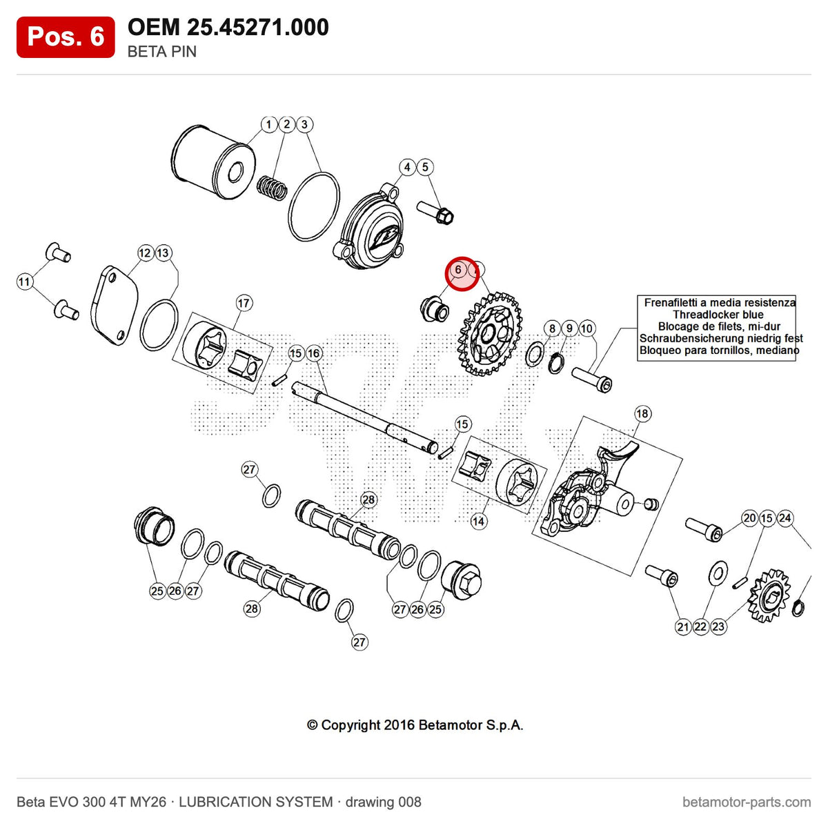 BETA PIN – OEM 25.45271.000, position 6 on the Beta EVO 300 4T MY26 lubrication system drawing