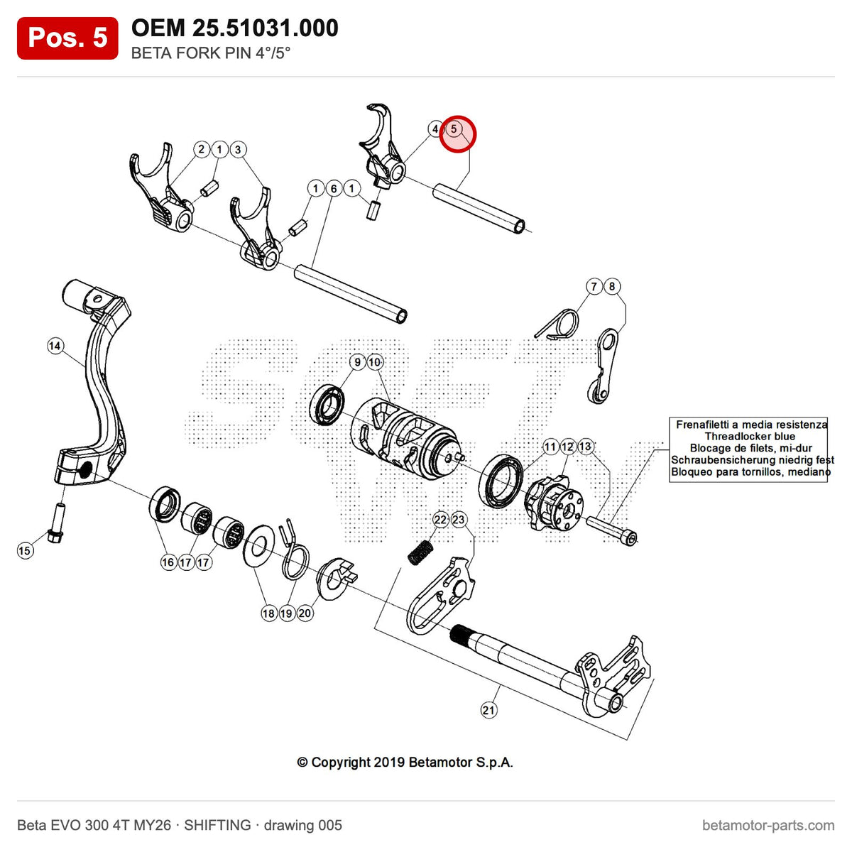 BETA FORK PIN 4°/5° – OEM 25.51031.000, position 5 on the Beta EVO 300 4T MY26 shifting drawing
