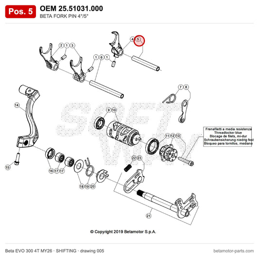 BETA FORK PIN 4°/5° – OEM 25.51031.000, position 5 on the Beta EVO 300 4T MY26 shifting drawing