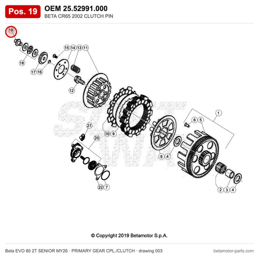 BETA CR65 2002 CLUTCH PIN – OEM 25.52991.000, position 19 on the Beta EVO 80 2T SENIOR MY26 primary gear cpl./clutch drawing