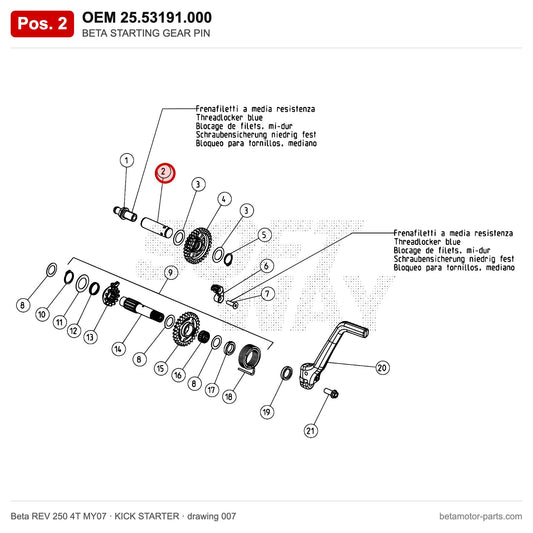 BETA STARTING GEAR PIN – OEM 25.53191.000, position 2 on the Beta REV 250 4T MY07 kick starter drawing
