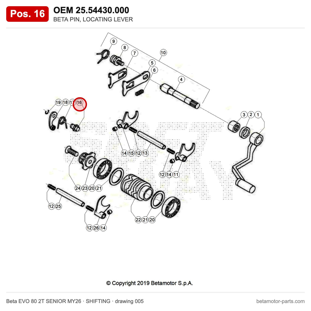 BETA PIN, LOCATING LEVER – OEM 25.54430.000, position 16 on the Beta EVO 80 2T SENIOR MY26 shifting drawing