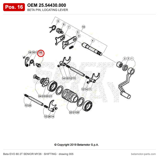 BETA PIN, LOCATING LEVER – OEM 25.54430.000, position 16 on the Beta EVO 80 2T SENIOR MY26 shifting drawing