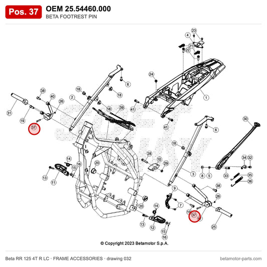 BETA FOOTREST PIN – OEM 25.54460.000, position 37 on the Beta RR 125 4T R LC frame accessories drawing