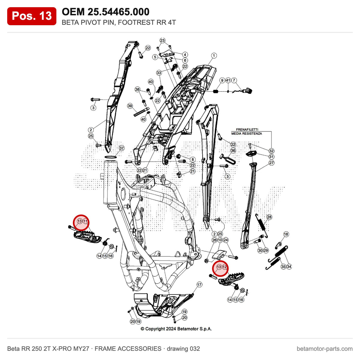 BETA PIVOT PIN, FOOTREST RR 4T – OEM 25.54465.000, position 13 on the Beta RR 250 2T X-PRO MY27 frame accessories drawing
