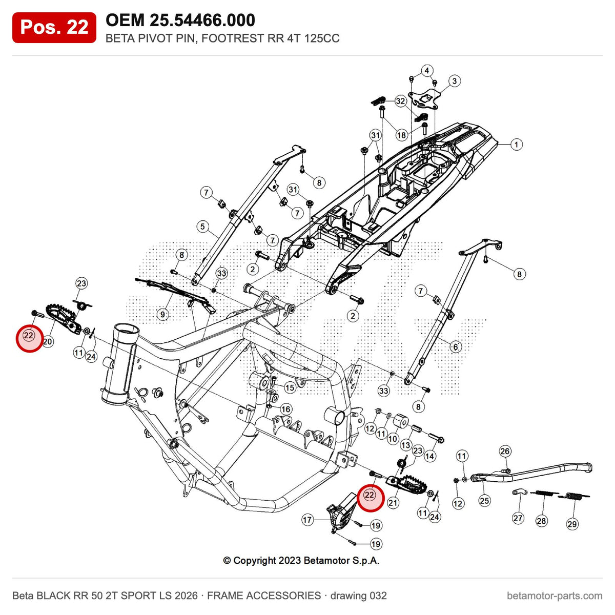 BETA PIVOT PIN, FOOTREST RR 4T 125CC – OEM 25.54466.000, position 22 on the Beta BLACK RR 50 2T SPORT LS 2026 frame accessories drawing