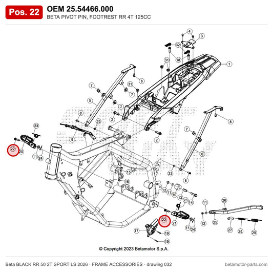 BETA PIVOT PIN, FOOTREST RR 4T 125CC – OEM 25.54466.000, position 22 on the Beta BLACK RR 50 2T SPORT LS 2026 frame accessories drawing