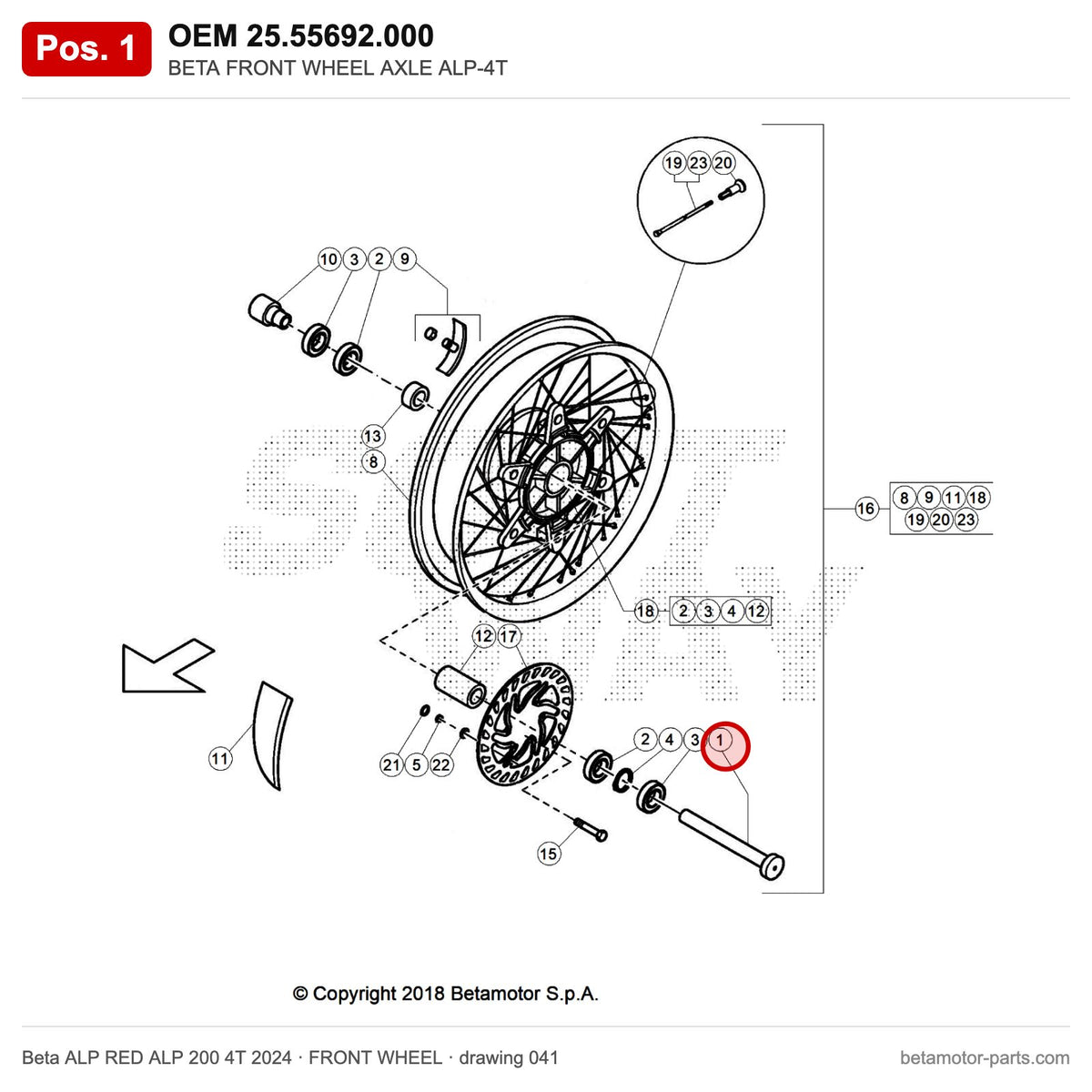 BETA FRONT WHEEL AXLE ALP-4T – OEM 25.55692.000, position 1 on the Beta ALP RED ALP 200 4T 2024 front wheel drawing