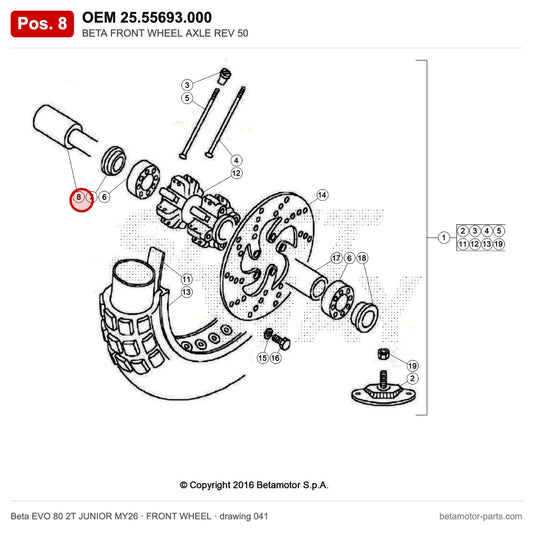 BETA FRONT WHEEL AXLE REV 50 – OEM 25.55693.000, position 8 on the Beta EVO 80 2T JUNIOR MY26 front wheel drawing