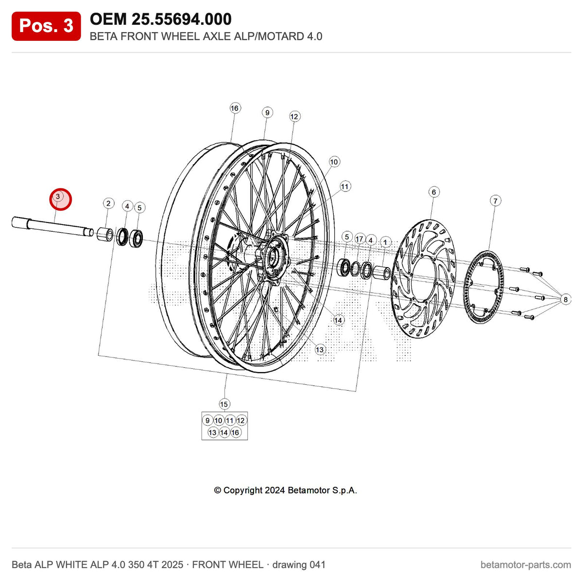 BETA FRONT WHEEL AXLE ALP/MOTARD 4.0 – OEM 25.55694.000, position 3 on the Beta ALP WHITE ALP 4.0 350 4T 2025 front wheel drawing