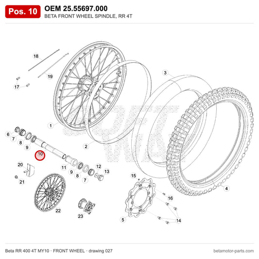 BETA FRONT WHEEL SPINDLE, RR 4T – OEM 25.55697.000, position 10 on the Beta RR 400 4T MY10 front wheel drawing