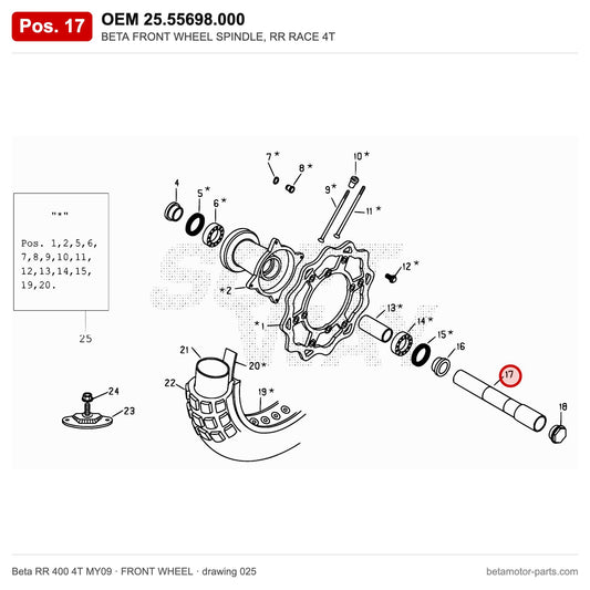 BETA FRONT WHEEL SPINDLE, RR RACE 4T – OEM 25.55698.000, position 17 on the Beta RR 400 4T MY09 front wheel drawing