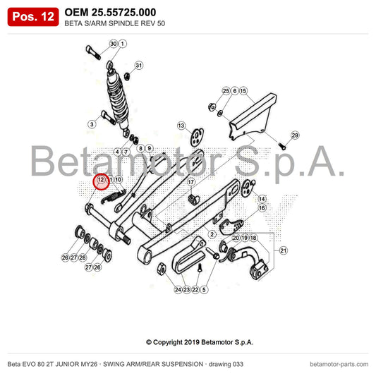 BETA S/ARM SPINDLE REV 50 – OEM 25.55725.000, position 12 on the Beta EVO 80 2T JUNIOR MY26 swing arm/rear suspension drawing