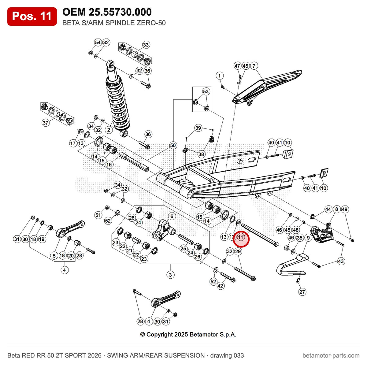 BETA S/ARM SPINDLE ZERO-50 – OEM 25.55730.000, position 11 on the Beta RED RR 50 2T SPORT 2026 swing arm/rear suspension drawing