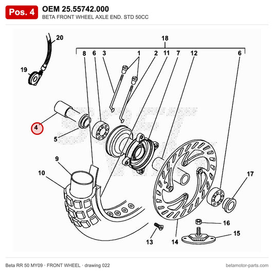BETA FRONT WHEEL AXLE END. STD 50CC – OEM 25.55742.000, position 4 on the Beta RR 50 MY09 front wheel drawing