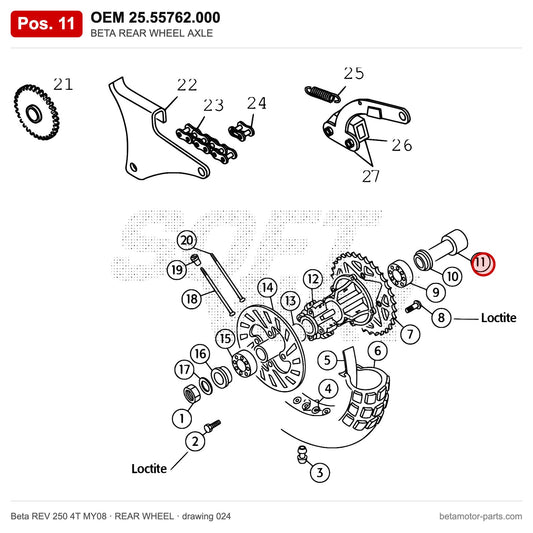 BETA REAR WHEEL AXLE – OEM 25.55762.000, position 11 on the Beta REV 250 4T MY08 rear wheel drawing