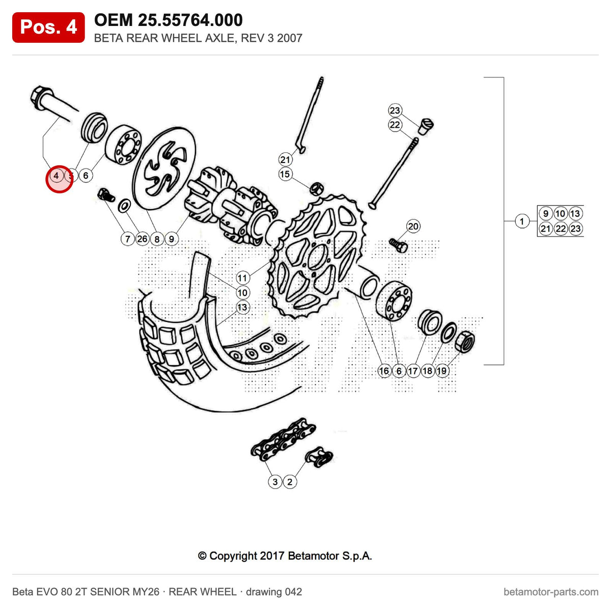 BETA REAR WHEEL AXLE, REV 3 2007 – OEM 25.55764.000, position 4 on the Beta EVO 80 2T SENIOR MY26 rear wheel drawing