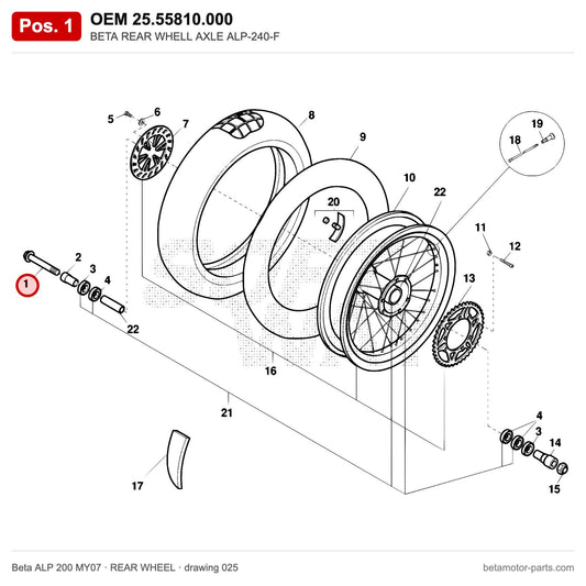 BETA REAR WHELL AXLE ALP-240-F – OEM 25.55810.000, position 1 on the Beta ALP 200 MY07 rear wheel drawing