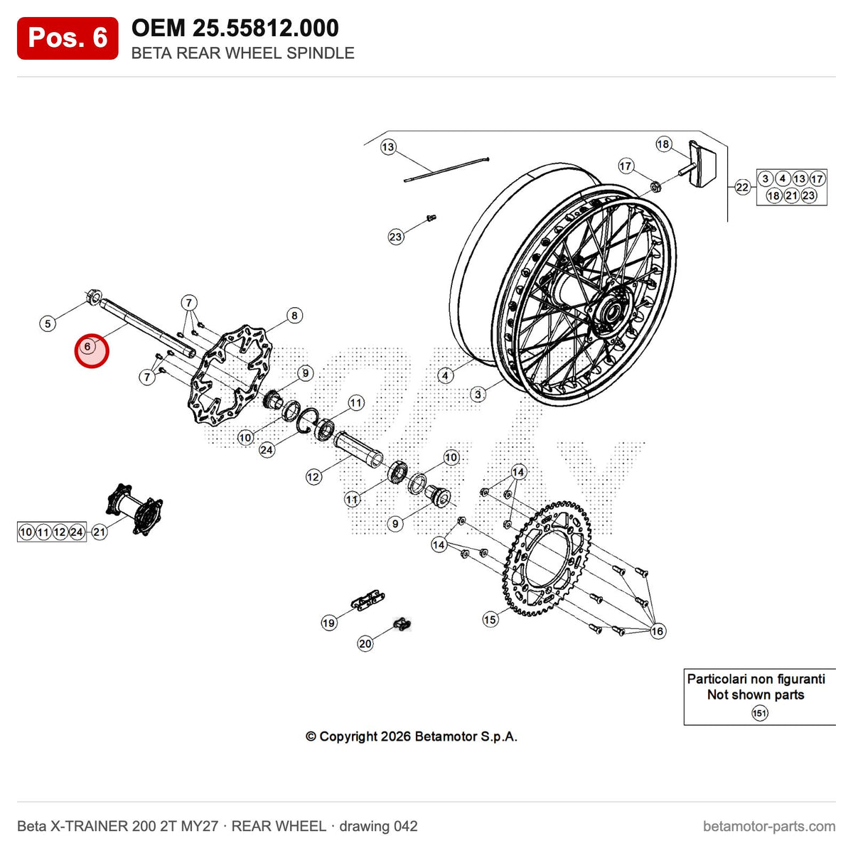 BETA REAR WHEEL SPINDLE – OEM 25.55812.000, position 6 on the Beta X-TRAINER 200 2T MY27 rear wheel drawing