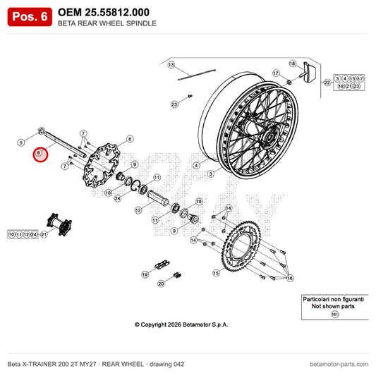 BETA REAR WHEEL SPINDLE – OEM 25.55812.000, position 6 on the Beta X-TRAINER 200 2T MY27 rear wheel drawing