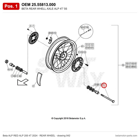 BETA REAR WHELL AXLE ALP 4T '05 – OEM 25.55813.000, position 1 on the Beta ALP RED ALP 200 4T 2024 rear wheel drawing
