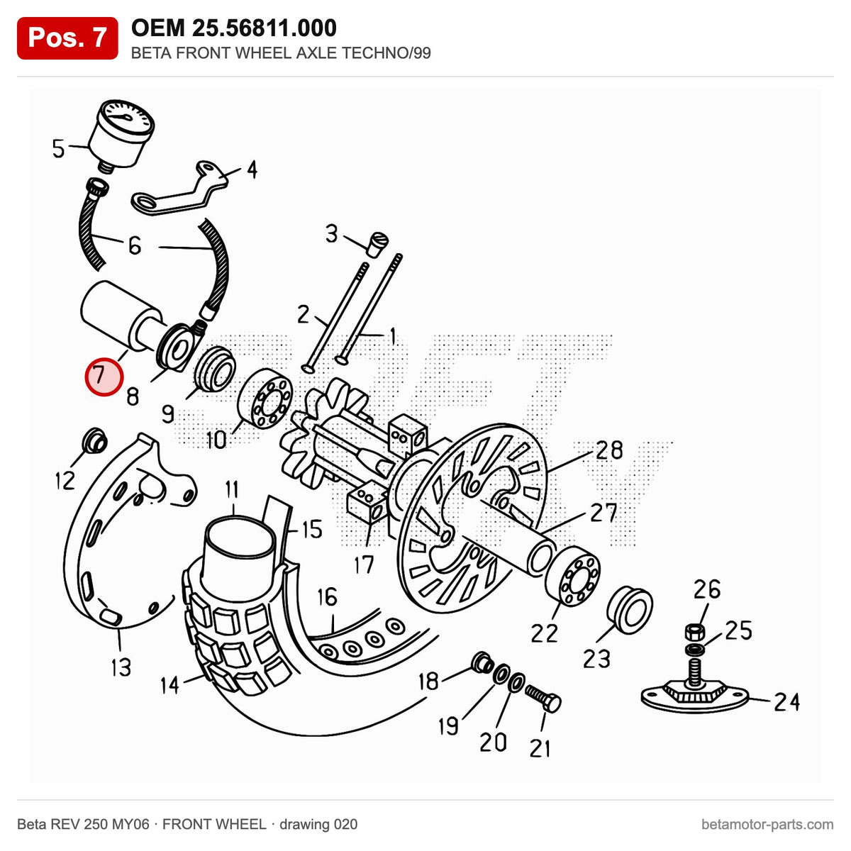 BETA FRONT WHEEL AXLE TECHNO/99 – OEM 25.56811.000, position 7 on the Beta REV 250 MY06 front wheel drawing