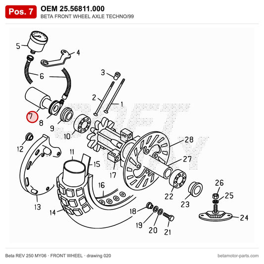 BETA FRONT WHEEL AXLE TECHNO/99 – OEM 25.56811.000, position 7 on the Beta REV 250 MY06 front wheel drawing