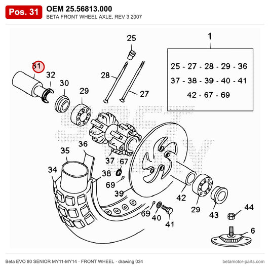 BETA FRONT WHEEL AXLE, REV 3 2007 – OEM 25.56813.000, position 31 on the Beta EVO 80 SENIOR MY11-MY14 front wheel drawing