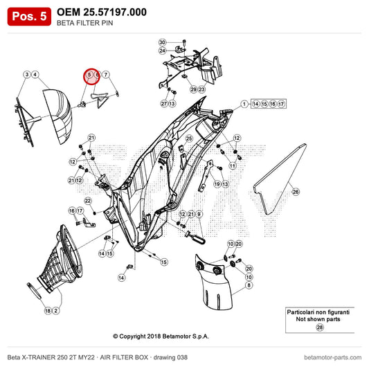 BETA FILTER PIN – OEM 25.57197.000, position 5 on the Beta X-TRAINER 250 2T MY22 air filter box drawing