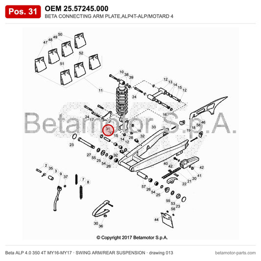 BETA CONNECTING ARM PLATE,ALP4T-ALP/MOTARD 4 – OEM 25.57245.000, position 31 on the Beta ALP 4.0 350 4T MY16-MY17 swing arm/rear suspension drawing