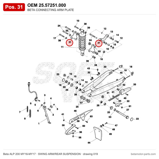BETA CONNECTING ARM PLATE – OEM 25.57251.000, position 31 on the Beta ALP 200 MY16-MY17 swing arm/rear suspension drawing