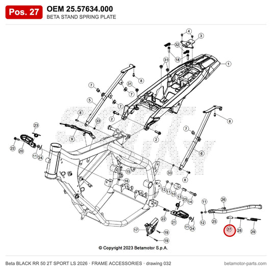 BETA STAND SPRING PLATE – OEM 25.57634.000, position 27 on the Beta BLACK RR 50 2T SPORT LS 2026 frame accessories drawing