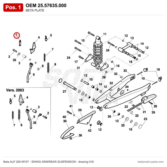 BETA PLATE – OEM 25.57635.000, position 1 on the Beta ALP 200 MY07 swing arm/rear suspension drawing