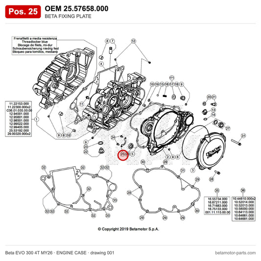 BETA FIXING PLATE – OEM 25.57658.000, position 25 on the Beta EVO 300 4T MY26 engine case drawing