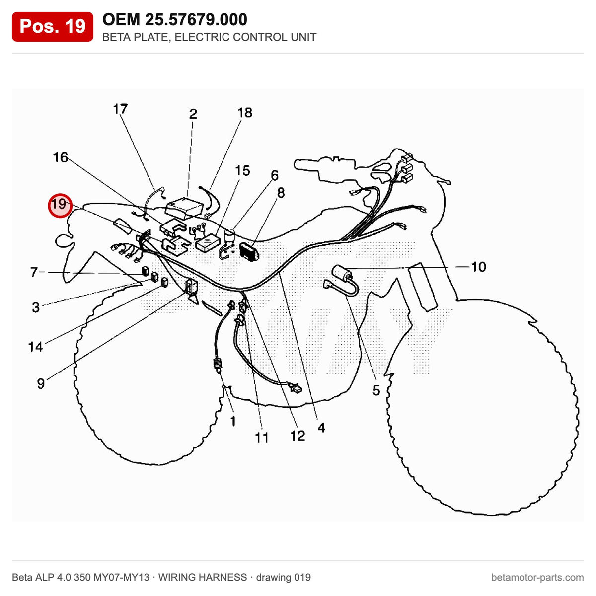 BETA PLATE, ELECTRIC CONTROL UNIT – OEM 25.57679.000, shown on the Beta ALP 4.0 350 MY07-MY13 wiring harness drawing