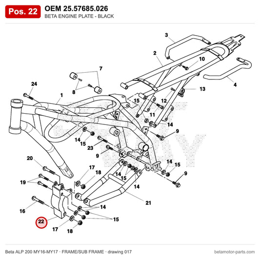 BETA ENGINE PLATE - BLACK – OEM 25.57685.026, position 22 on the Beta ALP 200 MY16-MY17 frame/sub frame drawing