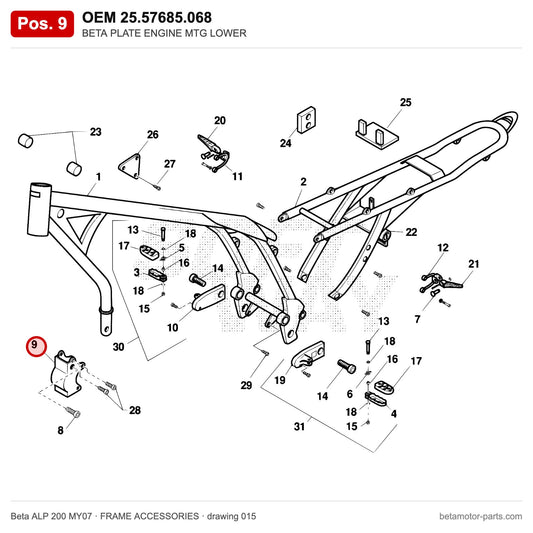 BETA PLATE ENGINE MTG LOWER – OEM 25.57685.068, position 9 on the Beta ALP 200 MY07 frame accessories drawing