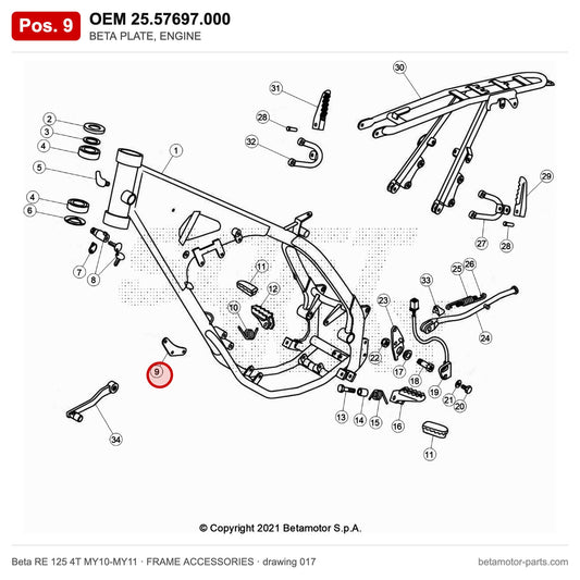 BETA PLATE, ENGINE – OEM 25.57697.000, position 9 on the Beta RE 125 4T MY10-MY11 frame accessories drawing
